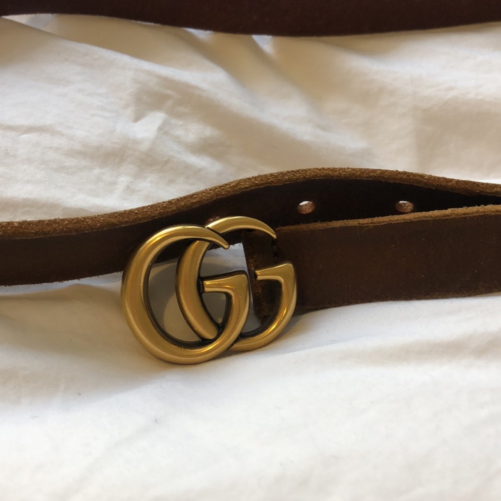 Gucci Gold and Brown Leather Belt with Iconic GG Buckle